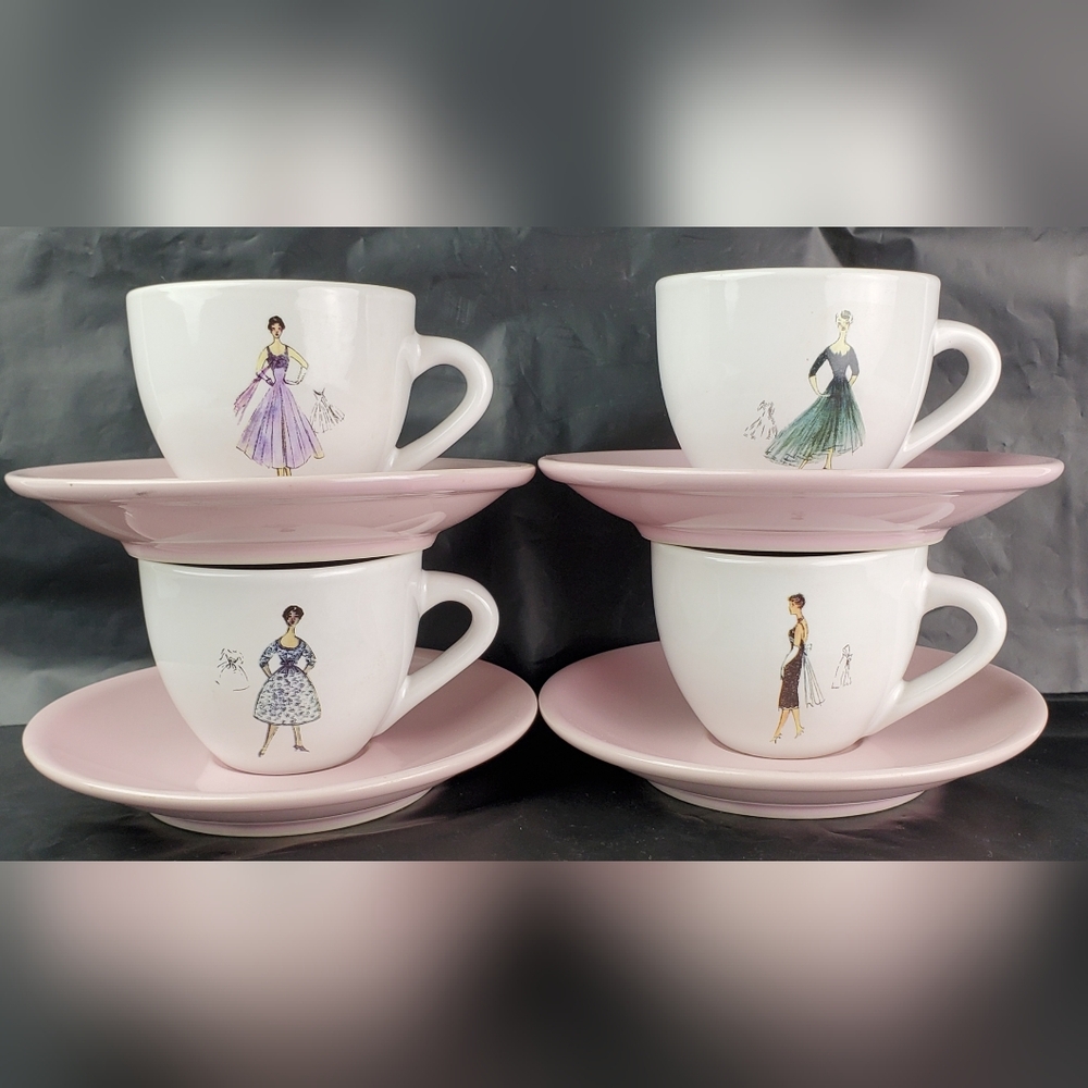 Rosanna Ooh La La Demitasse Espresso Cups and Pink Saucers - Set of 4 - EUC